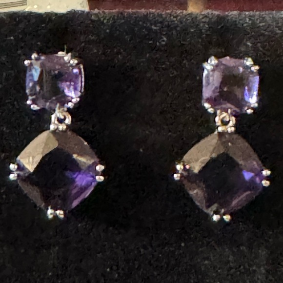 4 Ct Cushion Cut Simulated Amethyst Drop Dangle 14K White Gold Plated Earrings - Picture 11 of 11